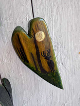 Load image into Gallery viewer, Deer antler mobile with three original painted wood hearts.