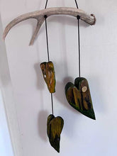 Load image into Gallery viewer, Deer antler mobile with three original painted wood hearts.