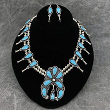 Load image into Gallery viewer, Squash Blossom necklace and earring set inlaid with turquoise.
