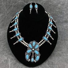 Load image into Gallery viewer, Squash Blossom necklace and earring set inlaid with turquoise.