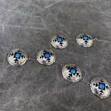 Load image into Gallery viewer, Shadowbox necklace with six circular sterling silver coins with opalite centers

