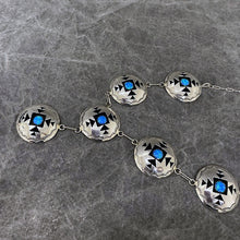 Load image into Gallery viewer, Shadowbox necklace with six circular sterling silver coins with opalite centers