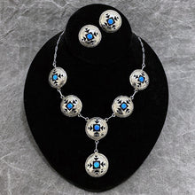 Load image into Gallery viewer, Shadowbox necklace and earring set with six circular sterling silver coins with opalite centers and matching earrings