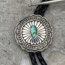 Load image into Gallery viewer, Navajo Sterling Silver Concho Bolo Tie with Sonoran Turquoise by Geneva Ramone