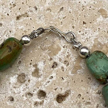 Load image into Gallery viewer, Navajo beaded turquoise bracelet with close up of sterline silver hook and eye clasp.