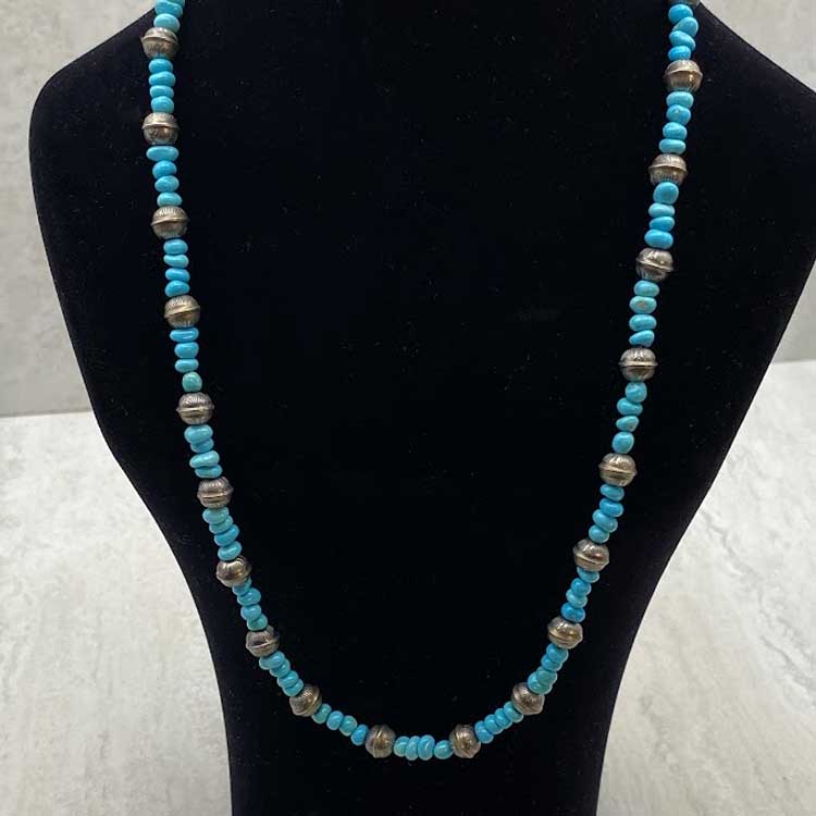 Navajo Turquoise and Handmade Sterling Silver Bench Bead Necklace