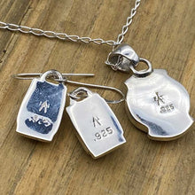 Load image into Gallery viewer, Back of pendant and earring set  showing sterling silver .925 stamps.
