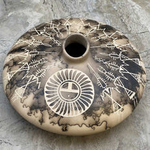 Load image into Gallery viewer, Horsehair round pot hade etched with traditional Acoma designs.