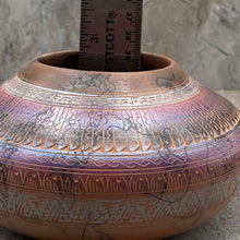 Load image into Gallery viewer, Round horsehair vase with etched designs with ruler showing height of 3".