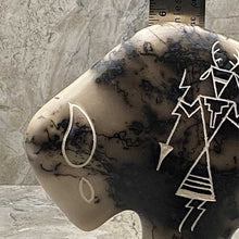 Load image into Gallery viewer, Horeshair pottery bison figure with hand etched designs and ruler shwng height of 6".