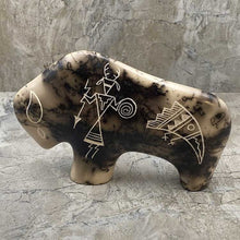 Load image into Gallery viewer, Horeshair pottery bison figure with hand etched designs.