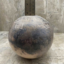 Load image into Gallery viewer, Acoma horsehair pot with etched turtle design and ruler showing height of 5".
