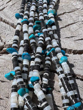 Load image into Gallery viewer, Pictured is a 10 strand beaded necklace with Kingman Turquoise nuggets and Mother of Pearl Heishi Stones.