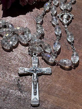 Load image into Gallery viewer, Traditional Five Decade rosary with Czech Clear crystal beads. 28” long with silvertone cross and center medal.