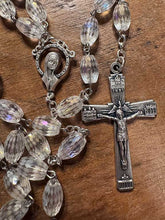 Load image into Gallery viewer, Traditional Five Decade rosary with Czech Clear crystal beads. 28” long with silvertone cross and center medal.