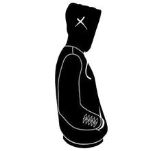 Load image into Gallery viewer, Side view of hoodie showing art on hood and sleeve
