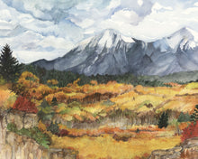 Load image into Gallery viewer, Spanish Peaks Fall, print of watercolor by Pueblo artist Bonnie Waugh available in the History Colorado Shop