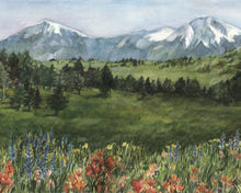 Load image into Gallery viewer, Spanish Peaks Summer, print of watercolor by Pueblo artist Bonnie Waugh available in the History Colorado Shop
