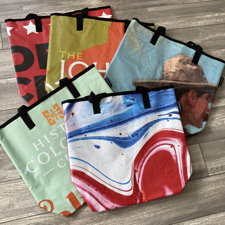 Five tote bags made from vinyl 