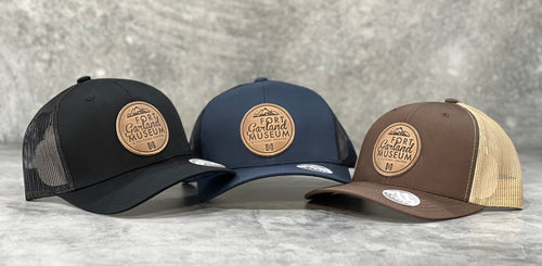 Fort Garland Museum Snapback Cap wit Leather Logo, in Dark Blue, Khaki, or Black.