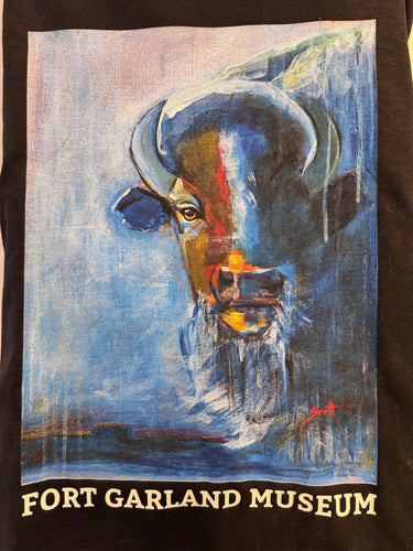 Bison Buffalo T Shirt on Black w Fort Garland Museum printed below the photo.
