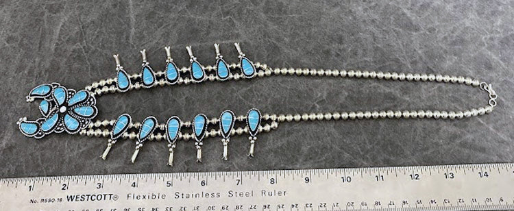 Turquoise Inlay Squash Blossom Set by Zuni Artist Susie Lowsayatee