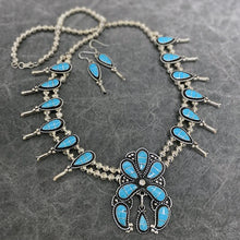 Load image into Gallery viewer, Squash Blossom necklace and earring set inlaid with turquoise.
