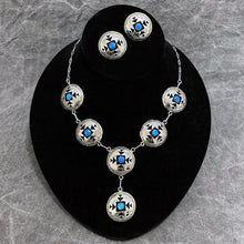 Load image into Gallery viewer, Shadowbox necklace and earring set with six circular sterling silver coins with opalite centers and matching earrings
