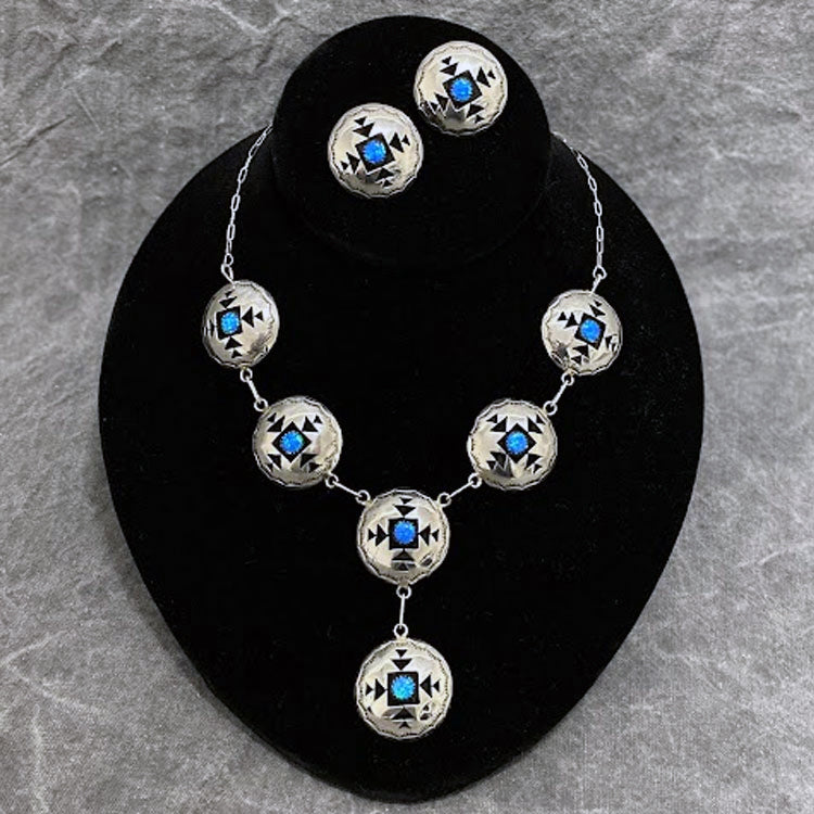 Shadowbox necklace and earring set with six circular sterling silver coins with opalite centers and matching earrings