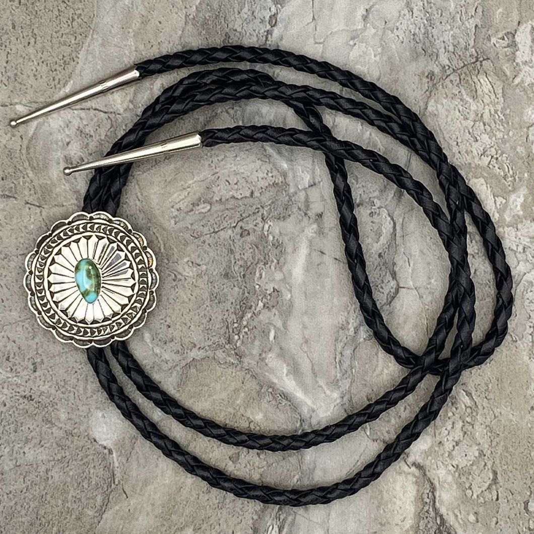 Navajo Sterling Silver Concho Bolo Tie with Sonoran Turquoise by Geneva Ramone