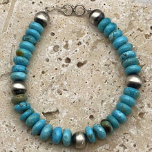 Load image into Gallery viewer, Kingman turquoise and hand-hammered bench bead bracelet. 
