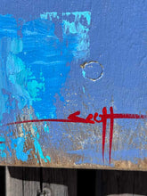 Load image into Gallery viewer, Ar.tist signature in red paint on blue textured backround
