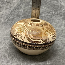 Load image into Gallery viewer, &quot;Sun Dreamer&quot; Etched Seed Pot, by Ute Mountain Artist Norman Lansing with ruler showing 4&quot; height
