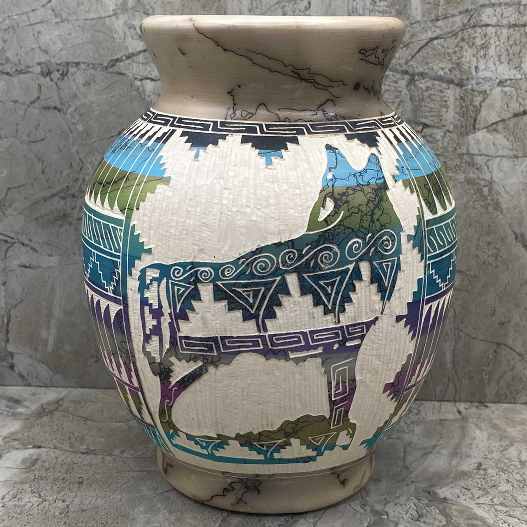Navajo Horsehair Pottery Jar  with Wolf Design by Marcus Nelson