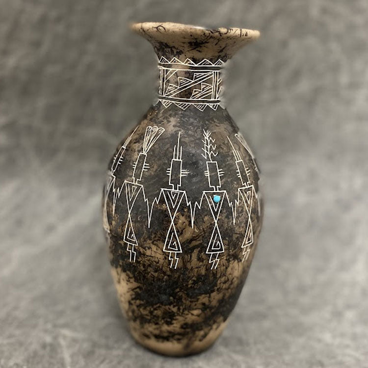 Vase with traditional American Indian design and jade stone