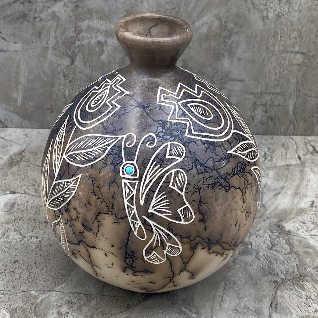 Acoma Horsehair Seed Pot with Turquoise Inlay