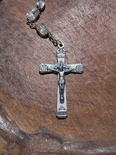 Load image into Gallery viewer, Traditional Five Decade rosary with Czech Clear crystal beads. 28” long with silvertone cross and center medal.
