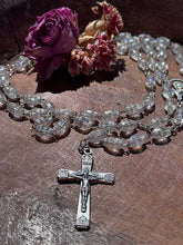 Load image into Gallery viewer, Traditional Five Decade rosary with Czech Clear crystal beads. 28” long with silvertone cross and center medal.
