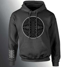 Load image into Gallery viewer, Hoodie with geometric design on front and sleeve, by artist Virgil Ortiz 
