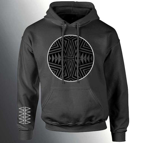 Hoodie with geometric design on front and sleeve, by artist Virgil Ortiz 