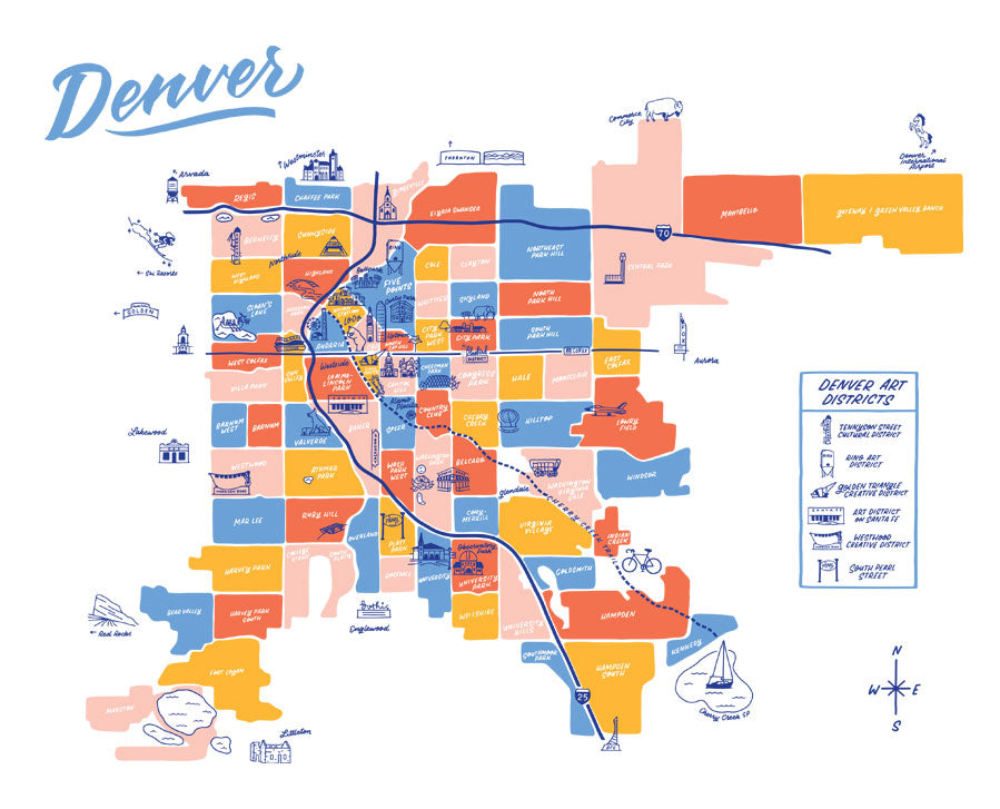 Printed reproduction of a hand-painted map of Denver neighborhoods by local artist Hillery Powers created for the Building Denver exhibition and available in the History Colorado Shop.