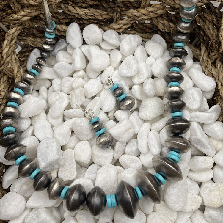 Navajo Turquoise and Handmade Sterling Sliver Bench Bead Set