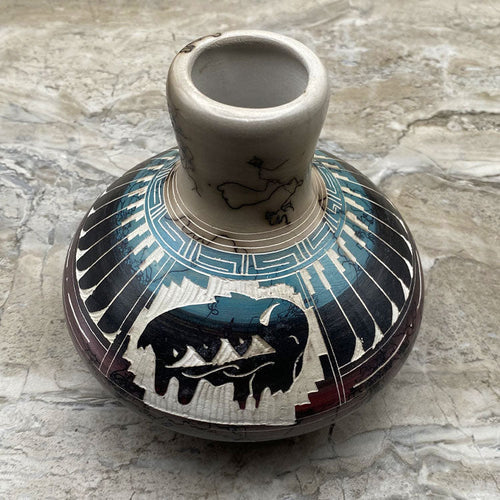 Hand Etched Navajo Horsehair Pottery Vase with Bison