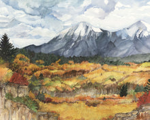 Load image into Gallery viewer, Spanish Peaks Fall, print of watercolor by Pueblo artist Bonnie Waugh available in the History Colorado Shop
